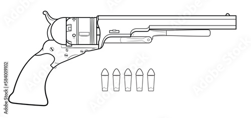 Vector illustration of the Colt Paterson revolver with ramrod lever and paper cartridges on the white background. Right side.