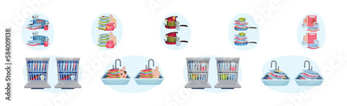 Pile of Clean and Dirty Dishes and Utensils Vector Set