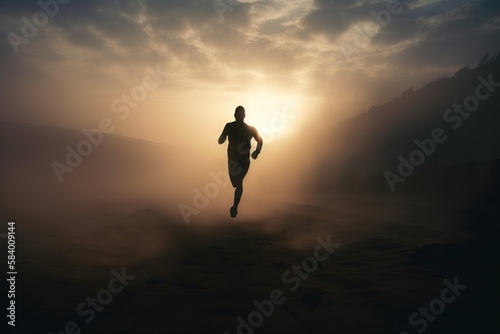  a man running through a foggy field with the sun behind him.  generative ai © Nadia