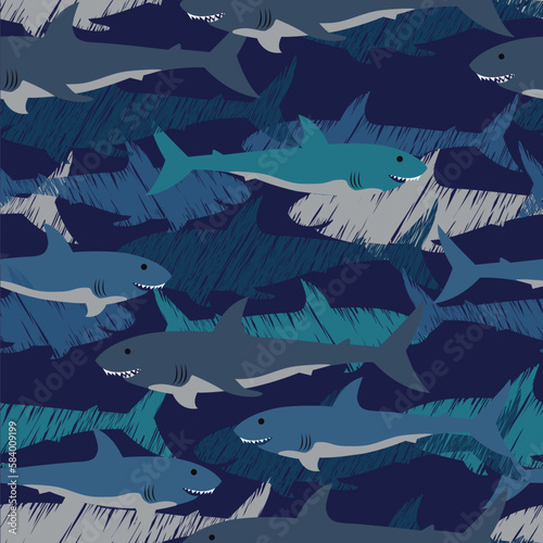 Seamless pattern with sharks on a blue background. The sea prater with cartoon and abstract sharks. For boys and girls, textiles, fabrics, wrapping paper, web, clothes