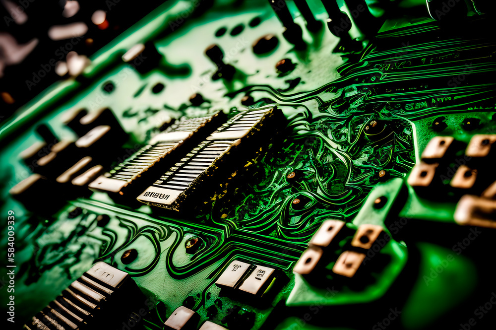 Obraz premium alien secret technologies, the chip on the green circuit board is drawn like a macro shot, generative ai