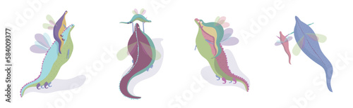 Fairy Dragon with Small Wings Playing with Its Cub Vector Set