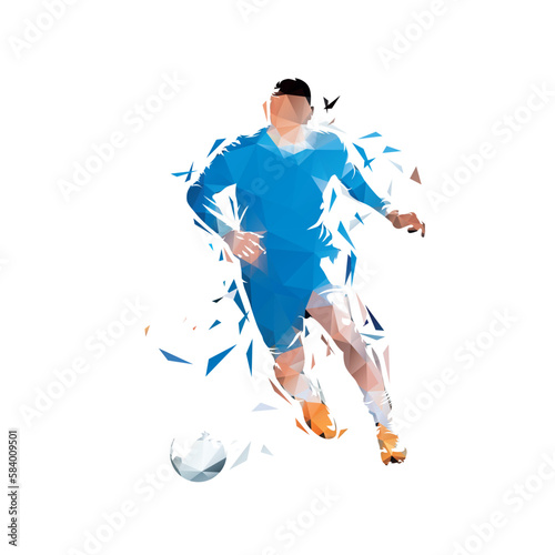 Football. Soccer player running with ball, isolated vector low polygonal illustration. Geometric drawing from triangles. Team sport athlete