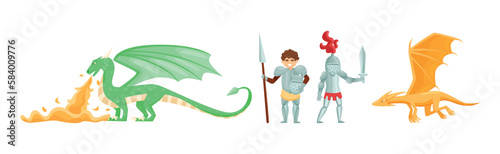 Fototapeta Naklejka Na Ścianę i Meble -  Brave Medieval Knight in Armored Suit Holding Sword and Spear Fighting with Fire Breathing Dragon Vector Set