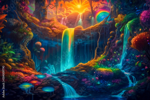 Illustration of a magical enchanted garden in the spring. Created with Generative AI technology.
