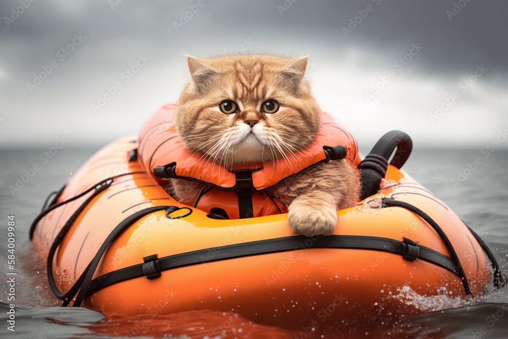 Cat wearing lifejacket and paddling in inflatable boat, created with