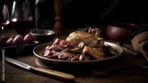Coq au vin on wooden cutting board. Chicken, pearl onions, bacon, deep red wine, purple onions, white mushrooms, chewy bacon, firm mushrooms. Generative AI 