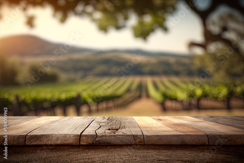 Empty Product Display Table with a Winery Vinyard Background (Generative AI)