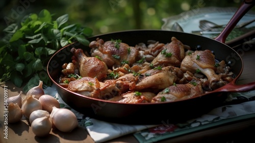 Coq au vin on Copper skillet. Chicken wings with herbs, white shallots, green parsley. Generative AI