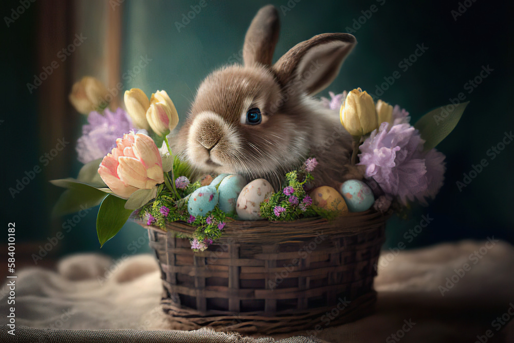 Fluffy brown Easter Bunny in a basket with spring flowers and Easter eggs, Generative AI Fluffy brown Easter Bunny in a basket with spring flowers and Easter eggs, Generative AI