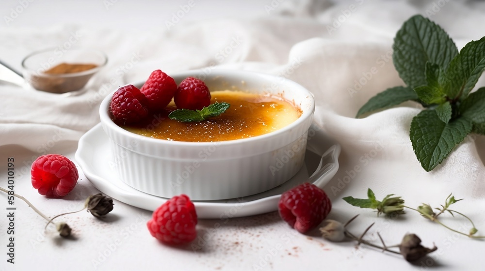 Creme brulee with White ramekin Demerara sugar and raspberries. Generative AI Creme brulee with White ramekin Demerara sugar and raspberries. Generative AI