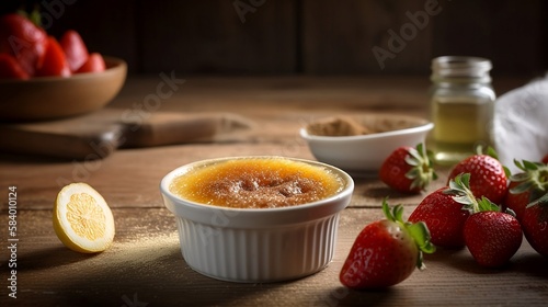 Creme brulee  with Glass ramekin Brown sugar and strawberris. Generative AI photo