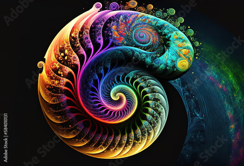 Colorful spiral  fantasy color swirls  surreal fractal  light fractal  vortex  symbol on dark background. Generative Ai.