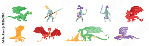 Brave Medieval Knight in Armored Suit Holding Sword and Spear Fighting with Fire Breathing Dragon Vector Set