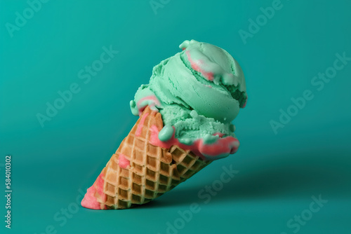 ice cream in waffle cone isolated on green background