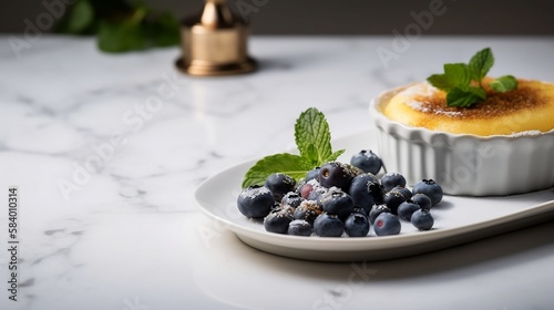 Creme brulee with Granulated white sugar and blueberry on white plate. Generative AI