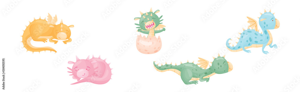 Cute Dragons as Horned and Winged Four-legged Creature from Fairytale Vector Set Cute Dragons as Horned and Winged Four-legged Creature from Fairytale Vector Set