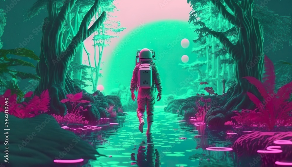 An astronaut in an alien neon forest . Creative illustration. (Ai Generate)