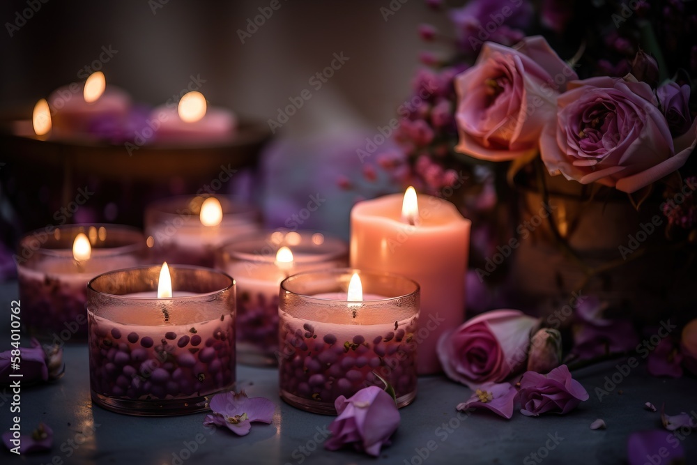  a table topped with lots of candles and pink flowers on top of it.  generative ai