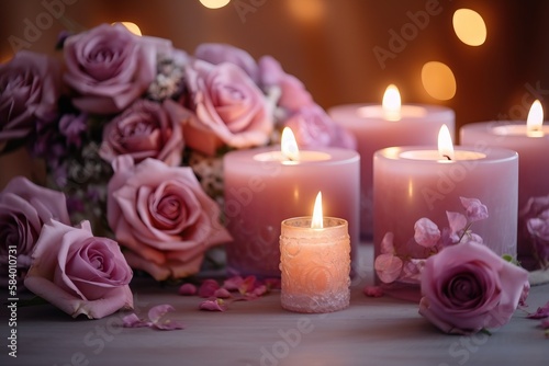  a bunch of pink roses sitting next to a bunch of lit candles. generative ai
