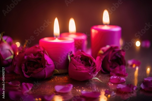 a group of pink candles sitting next to each other on a table.  generative ai