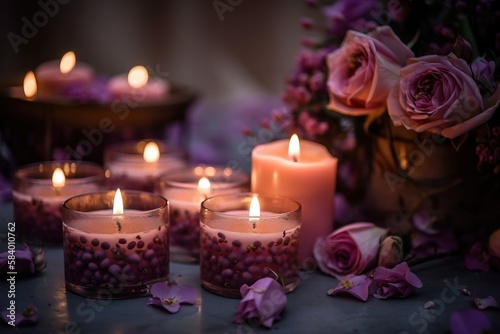  a table topped with lots of candles and pink flowers on top of it. generative ai