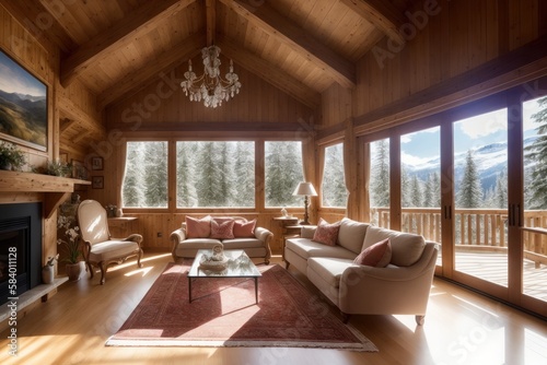 Chalet interior of wooden living room with fireplace. Generative AI © mikhailberkut