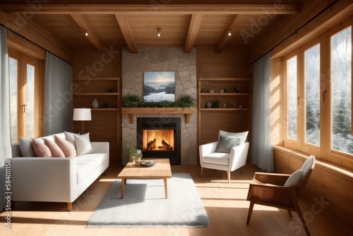 Chalet interior of wooden living room with fireplace. Generative AI