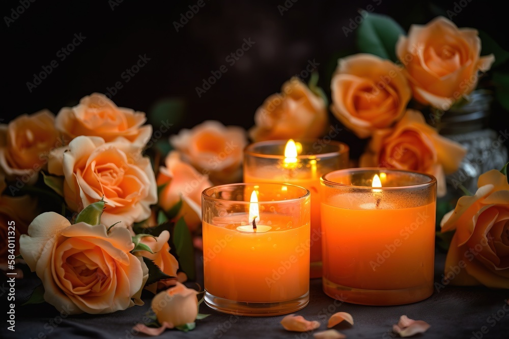 a group of three candles sitting next to a bouquet of flowers. generative ai a group of three candles sitting next to a bouquet of flowers. generative ai