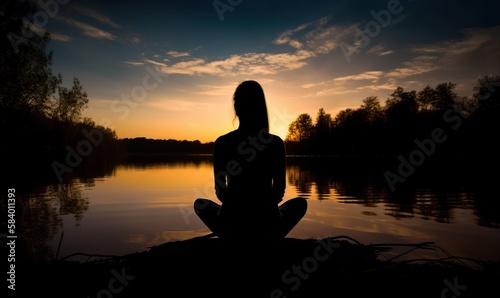  a person sitting in a lotus position in front of a lake. generative ai