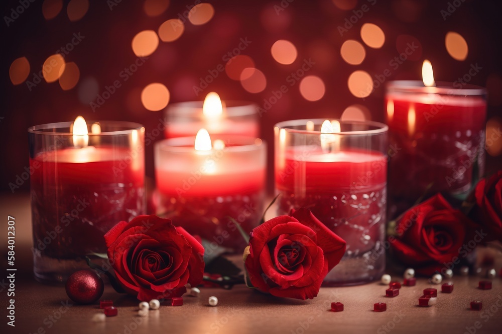  a group of three candles with red roses in front of them.  generative ai
