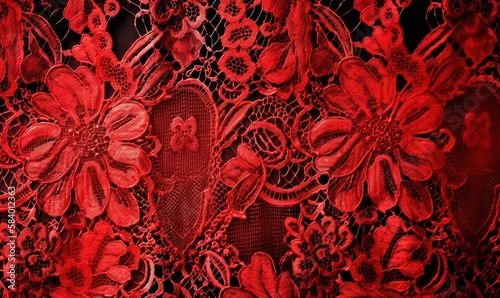  a red lace curtain with a flower design on the side. generative ai