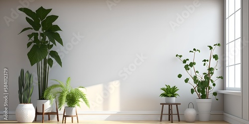House plants against a white wall mockup  group of fresh green home plants  creates healthy microclimate  air purifying  generative ai image