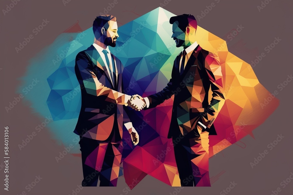 Fototapeta premium Businessmen shake hands after the successful completion of the deal. Creative poster in trendy low poly style. Generative AI illustration.