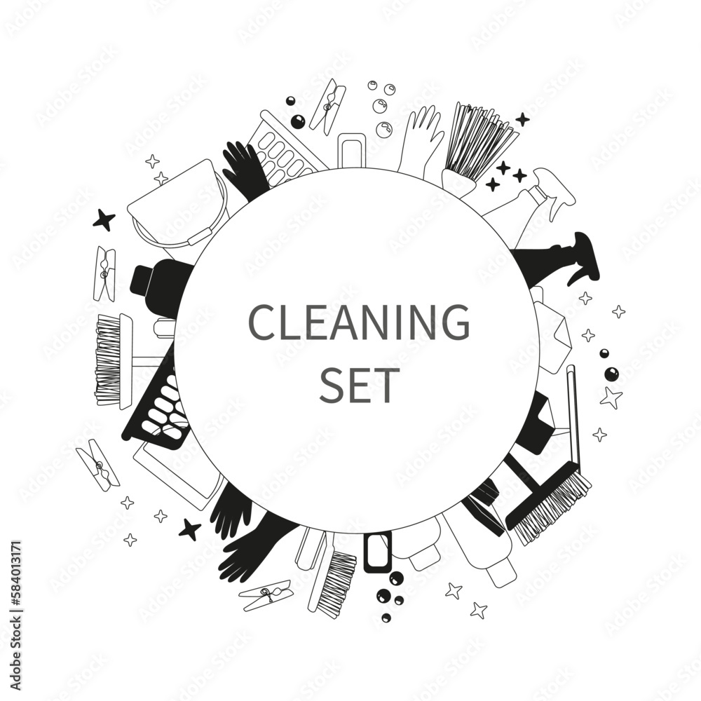 Maid service Cleaning set. Housework, cleaning vector equipment with round frame on white background. Set of vector design elements for spring house cleaning arranged in a circle. Black and white. Maid service Cleaning set. Housework, cleaning vector equipment with round frame on white background. Set of vector design elements for spring house cleaning arranged in a circle. Black and white.