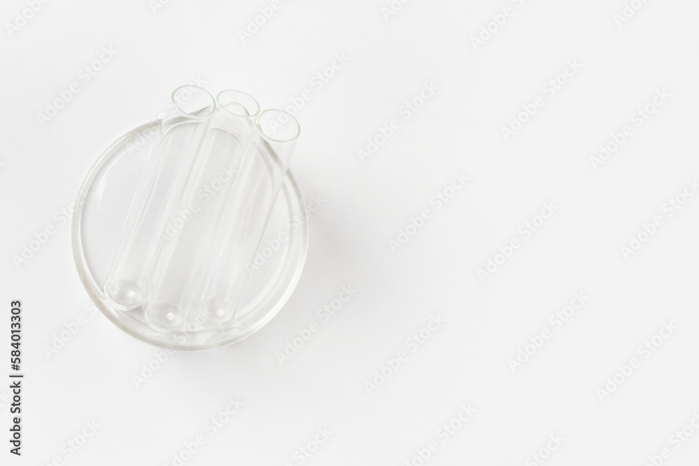 Empty crystallization flask with empty flasks on a light background. View from above. Empty crystallization flask with empty flasks on a light background. View from above.