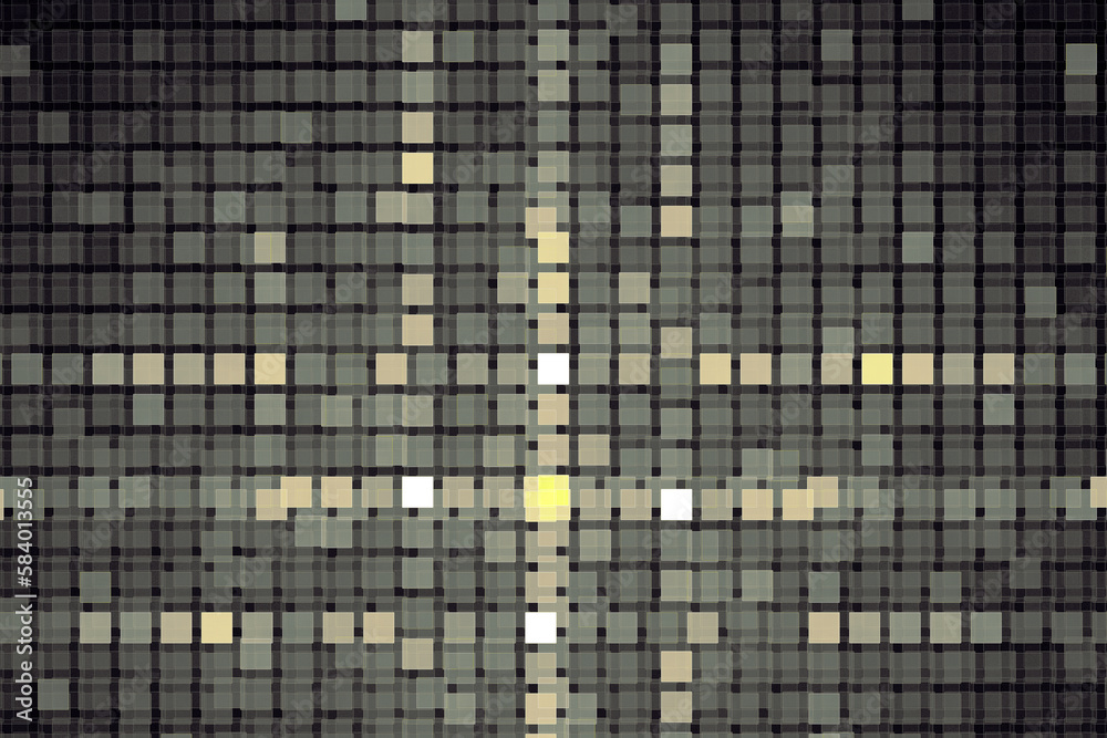 Fototapeta premium Gray orange mosaic pattern of small squares on a black background. Abstract fractal 3D rendering