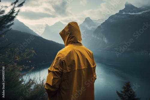  a person in a yellow raincoat looking out over a lake.  generative ai photo