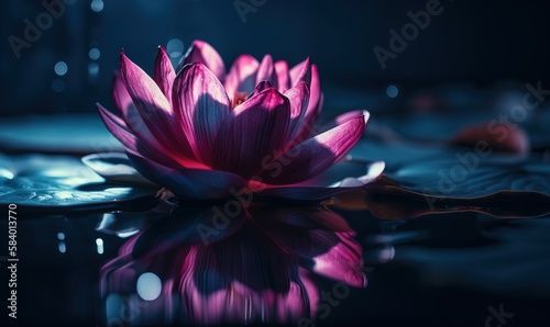  a pink flower sitting on top of a puddle of water. generative ai