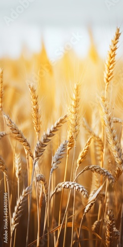 Golden wheat field in sunny day. Close-up view. Generative AI