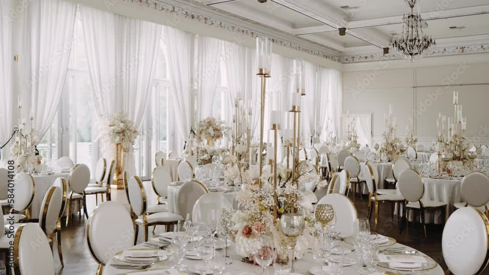 Restaurant hall decorated for wedding party celebration