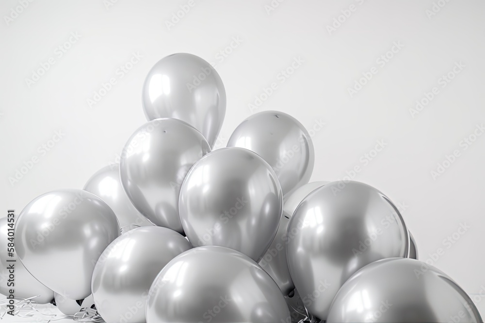 Silver and white balloons on a light background. For greeting cards or background. Silver and white balloons on a light background. For greeting cards or background.