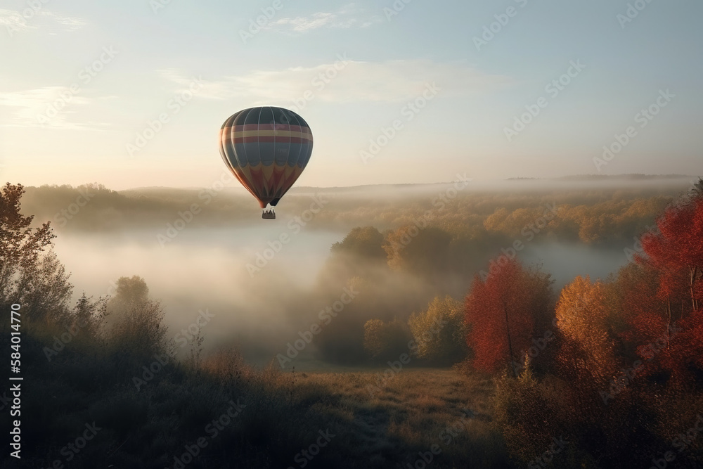 Obraz premium balloon over the river with trees and fog 