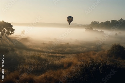balloon over the river with trees and fog 