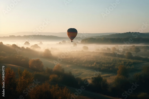 balloon over the river with trees and fog  © Youk