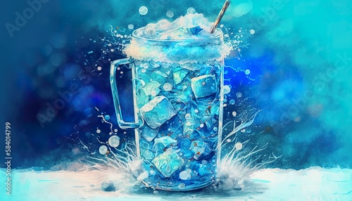 Cold winter drink in glass on snowy ground . Creative illustration. (Ai Generate)
