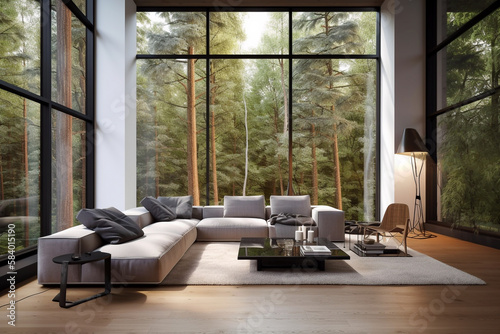 Interior design - Living room with large bay windows overlooking the forest - Ai generative © Giordano Aita
