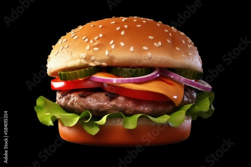 beef burger with cheese and vegetables on black background  generative ai