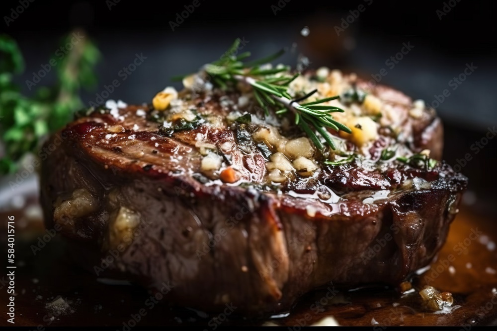 a piece of steak with a sprig of parsley on top of it. generative ai a piece of steak with a sprig of parsley on top of it. generative ai