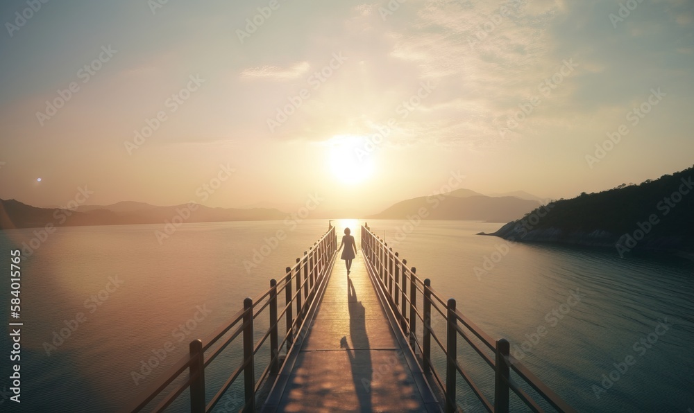  two people walking across a bridge over a body of water.  generative ai